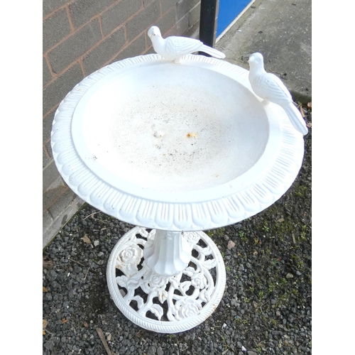 532 - Antique cast iron white painted bird bath, dished circular bowl decorated with two doves on reeded c... 