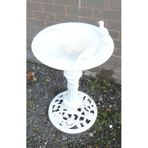 532 - Antique cast iron white painted bird bath, dished circular bowl decorated with two doves on reeded c... 