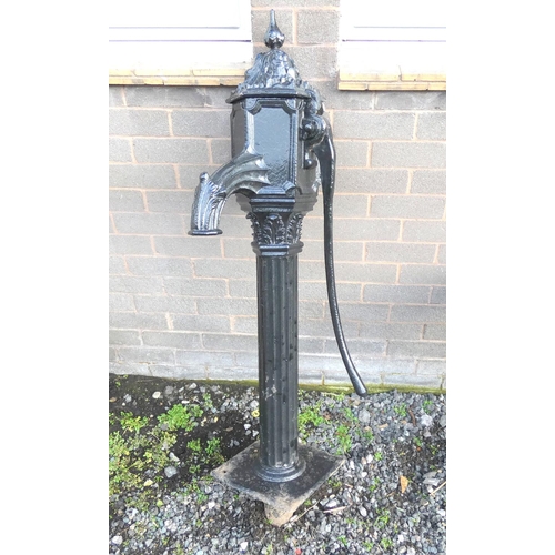 528 - Antique cast iron Victorian black painted water pump on reeded column with foliate decoaration. 126c... 