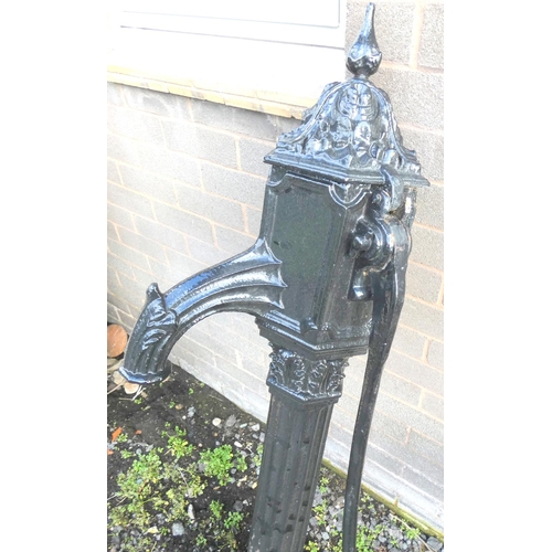 528 - Antique cast iron Victorian black painted water pump on reeded column with foliate decoaration. 126c... 