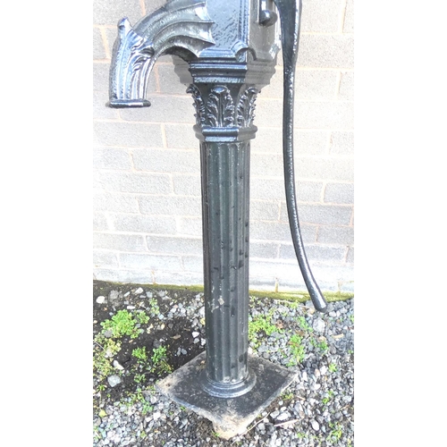 528 - Antique cast iron Victorian black painted water pump on reeded column with foliate decoaration. 126c... 