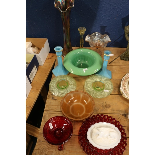 101 - Victorian opaline pressed glass butter dish with cow top dome, other Victorian pressed and carnival ... 