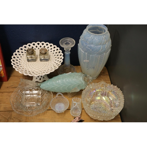 107 - Jobling opalescent glass 'Lambton' vase, opalescent glass candlestick, other glassware (qty)