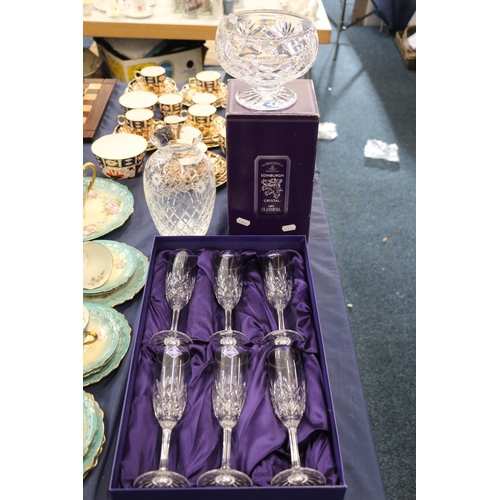 108 - Six boxed Edinburgh Crystal champagne flutes, an Edinburgh Crystal vase and a Court Crystal cut-glas... 