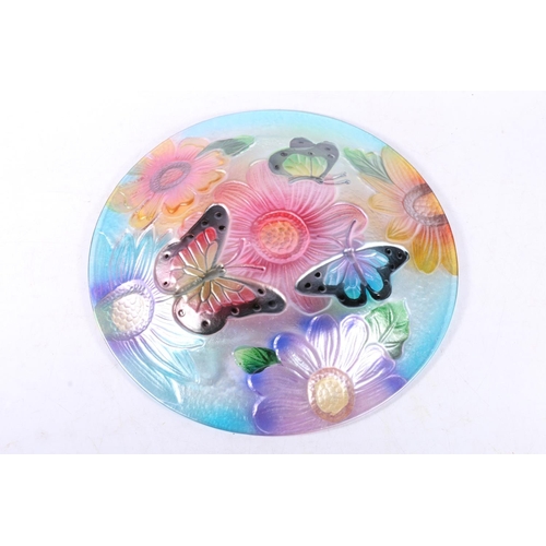 112 - Glass charger decorated in colourful butterflies and flowers design, 36cm diameter.