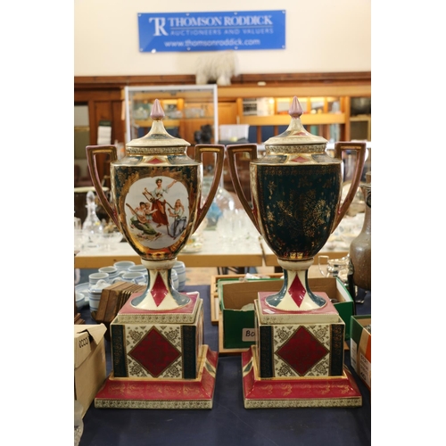 113 - Pair of large Austrian porcelain Vienna style urns with printed decoration, H56cm