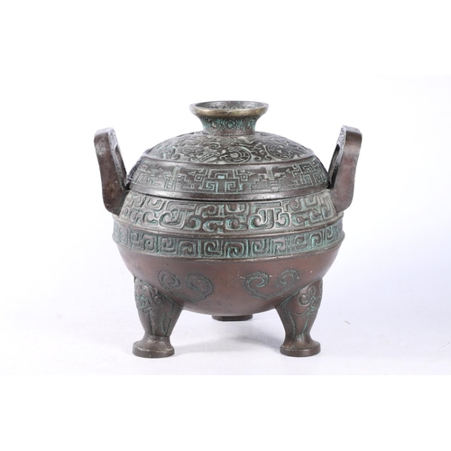 63 - Modern Chinese archaic style incense burner repurposed as an ice bucket, 23cm.