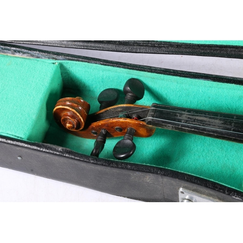 65 - Mid-20th century violin with two piece back in original fitted case, back size 31cm.