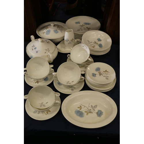 83 - Wedgwood Ice Rose part dinner service comprising plates, bowls, tureens, vase, soup coupes and stand... 