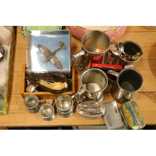 96 - Miscellaneous silver-plated items, a small model of a Spitfire, tourist spoons, a Meerschaum pipe, e... 