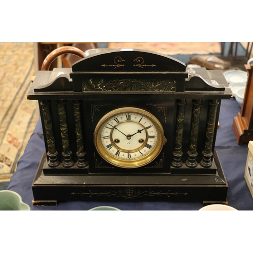 119 - Wooden slate effect black painted mantel clock, 39cm high.