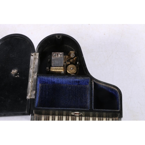 221 - Japanese painted black lacquer musical jewellery casket in the form of a grand piano.