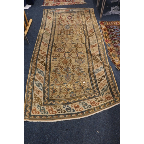 393 - Caucasian Kelim style beige ground rug, 257cm x 117cm.