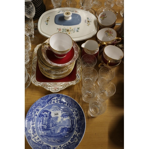 366 - Copeland Spode blue and white plate, a part teaset, cut-glass glasses, etc.