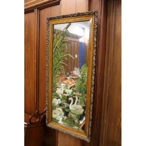 633 - Hall mirror painted with swans, 85cm high.