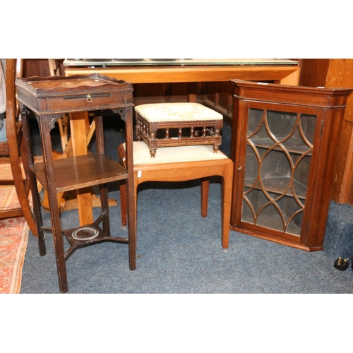 635 - Corner cabinet, footstool, piano stool and a small telephone table.