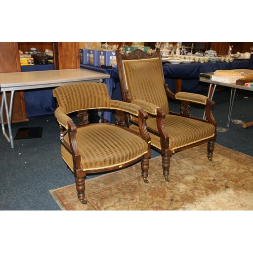 656 - Edwardian oak and green upholstered high back armchair with another matching armchair.