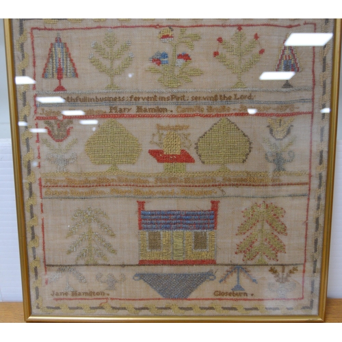 402 - Victorian needlepoint sampler worked by Jane Hamilton, Closeburn, January 1870, stitched with geomet... 