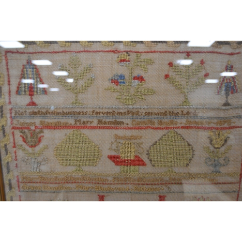 402 - Victorian needlepoint sampler worked by Jane Hamilton, Closeburn, January 1870, stitched with geomet... 