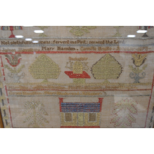 402 - Victorian needlepoint sampler worked by Jane Hamilton, Closeburn, January 1870, stitched with geomet... 