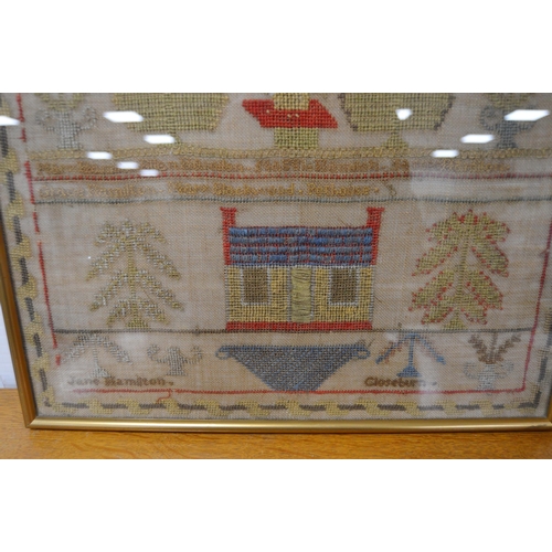 402 - Victorian needlepoint sampler worked by Jane Hamilton, Closeburn, January 1870, stitched with geomet... 