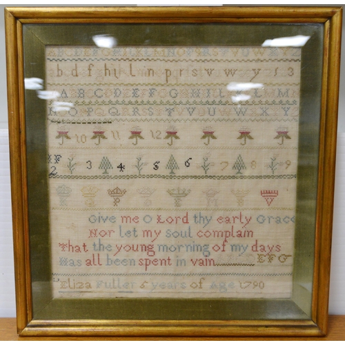 403 - George III needlepoint sampler worked by Eliza Fuller, aged 5, dated 1790, with stitched alphabet ab... 