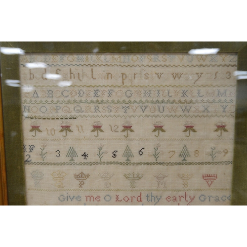 403 - George III needlepoint sampler worked by Eliza Fuller, aged 5, dated 1790, with stitched alphabet ab... 