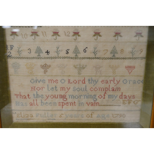 403 - George III needlepoint sampler worked by Eliza Fuller, aged 5, dated 1790, with stitched alphabet ab... 