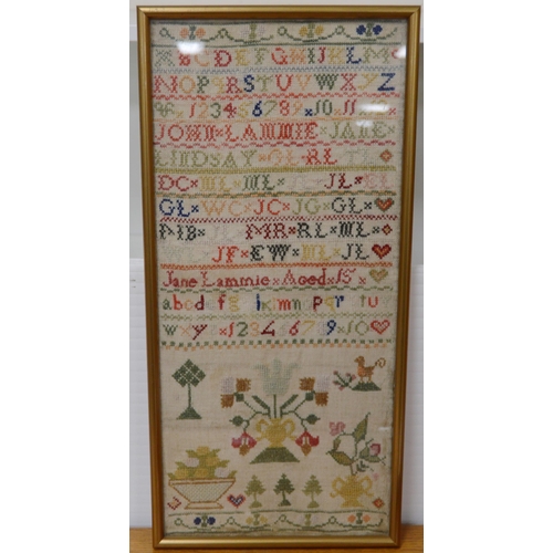 404 - Victorian needlepoint sampler worked by Elizabeth English, aged 10, dated 1885, stitched with alphab... 