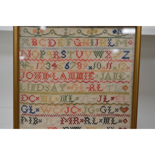 404 - Victorian needlepoint sampler worked by Elizabeth English, aged 10, dated 1885, stitched with alphab... 