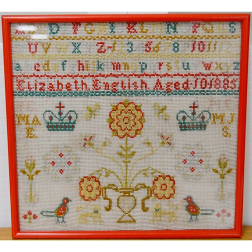 404 - Victorian needlepoint sampler worked by Elizabeth English, aged 10, dated 1885, stitched with alphab... 