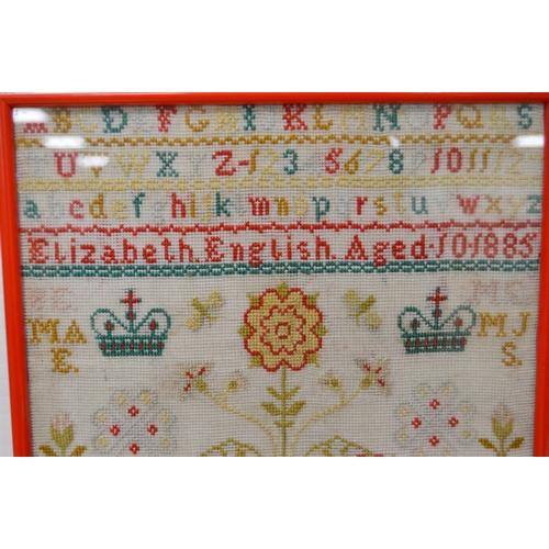 404 - Victorian needlepoint sampler worked by Elizabeth English, aged 10, dated 1885, stitched with alphab... 