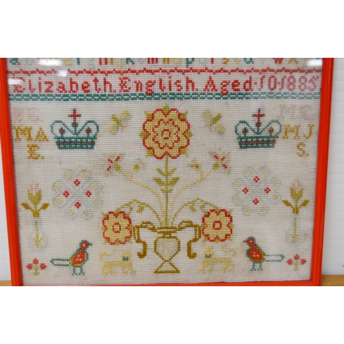 404 - Victorian needlepoint sampler worked by Elizabeth English, aged 10, dated 1885, stitched with alphab... 