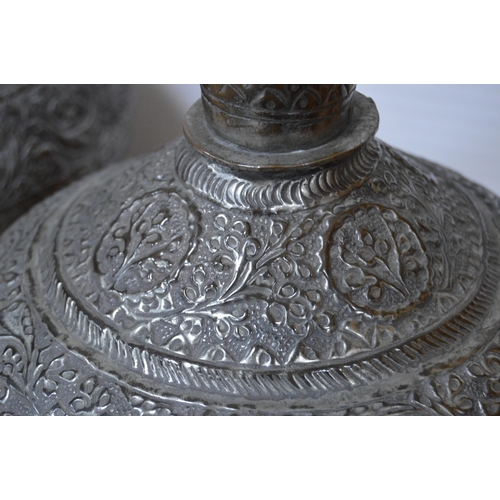 312 - Pair of Persian white metal baluster vase lamps, c. late 19th/early 20th century, embossed... 