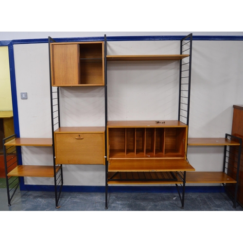 477 - Mid-20th century Ladderax modular shelving unit, comprising teak-veneered cupboards and open shelvin... 