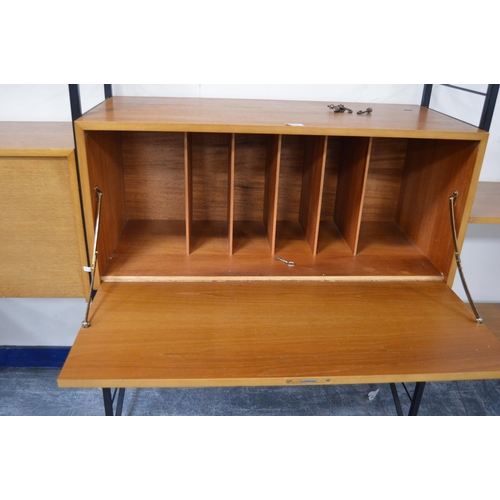 477 - Mid-20th century Ladderax modular shelving unit, comprising teak-veneered cupboards and open shelvin... 