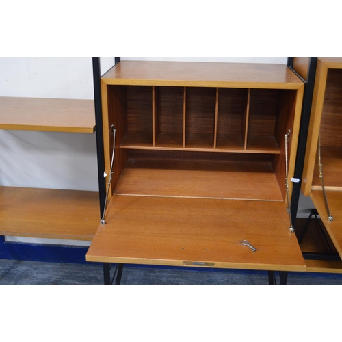 477 - Mid-20th century Ladderax modular shelving unit, comprising teak-veneered cupboards and open shelvin... 