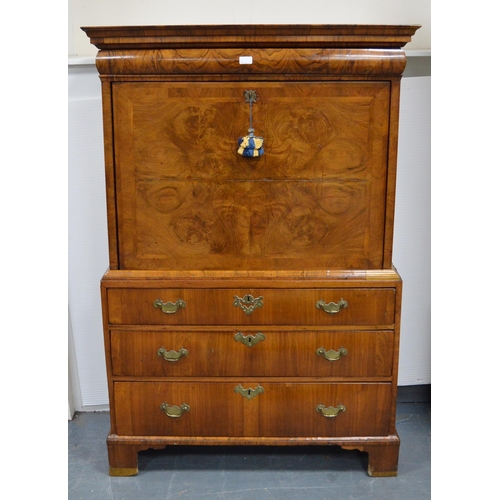 480 - Georgian burr walnut cupboard on chest, c. early 18th century, with long drawer above a fall front e... 