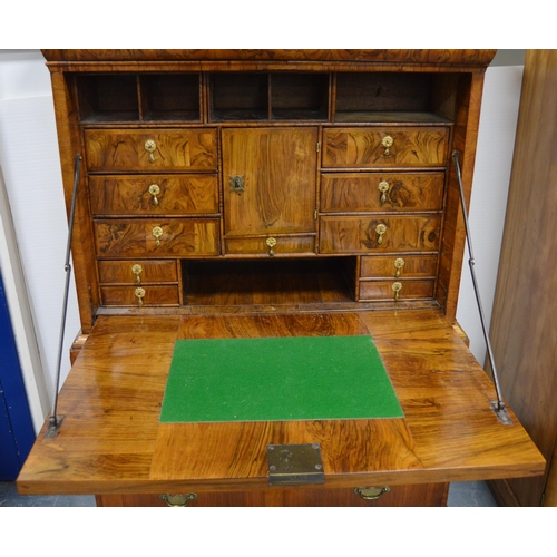 480 - Georgian burr walnut cupboard on chest, c. early 18th century, with long drawer above a fall front e... 