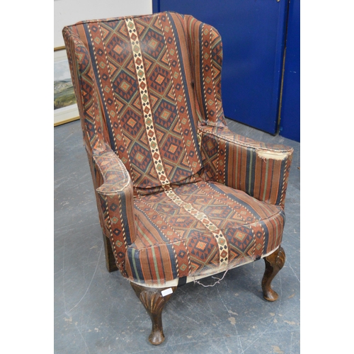 478 - William & Mary Revival wing armchair, c. early 20th century, upholstered in Kelim fabric, on cab... 