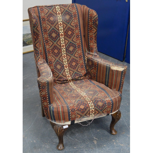 478 - William & Mary Revival wing armchair, c. early 20th century, upholstered in Kelim fabric, on cab... 