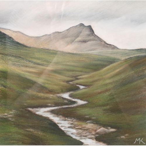 409 - MARY KING, pair of landscapes, pastel drawings, signed with initials 'MK', 15cm x 15cm, frame 34cm x... 