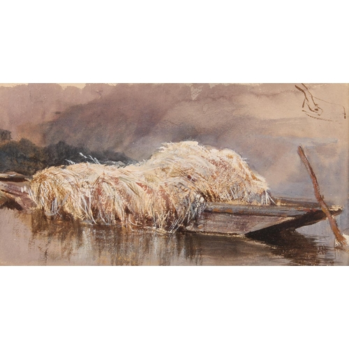 412 - KEELEY HALSWELLE ARA (British 1832-1931), Haybarge, watercolour, unsigned, 9.5cm x 18cm, frame 26cm ... 