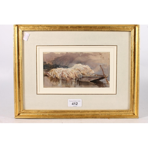 412 - KEELEY HALSWELLE ARA (British 1832-1931), Haybarge, watercolour, unsigned, 9.5cm x 18cm, frame 26cm ... 