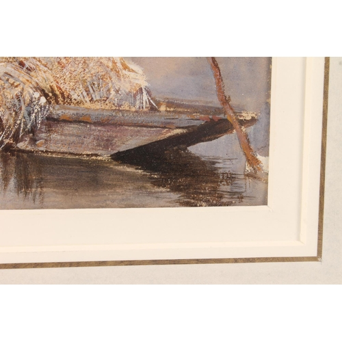 412 - KEELEY HALSWELLE ARA (British 1832-1931), Haybarge, watercolour, unsigned, 9.5cm x 18cm, frame 26cm ... 