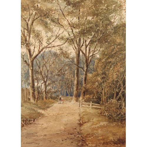 415 - C EWART, figures on a woodland path, watercolour, signed and dated 1910 lower left, 23cm x 17cm, gil... 