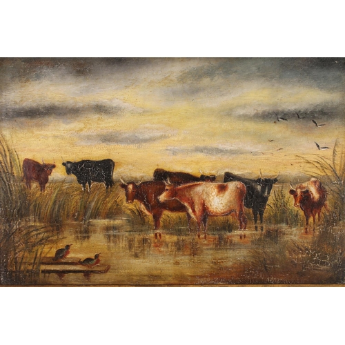 467 - 19TH CENTURY SCHOOL, cows watering, oil on panel, unsigned, 16cm x 24cm, gilt frame 32cm x 40cm.