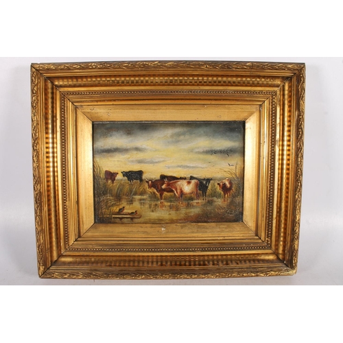 467 - 19TH CENTURY SCHOOL, cows watering, oil on panel, unsigned, 16cm x 24cm, gilt frame 32cm x 40cm.