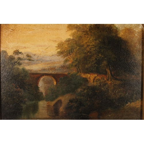 468 - EARLY 20TH CENTURY SCHOOL, bridge over a river, oil painting, unsigned, 20cm x 28cm, gilt frame 29cm... 