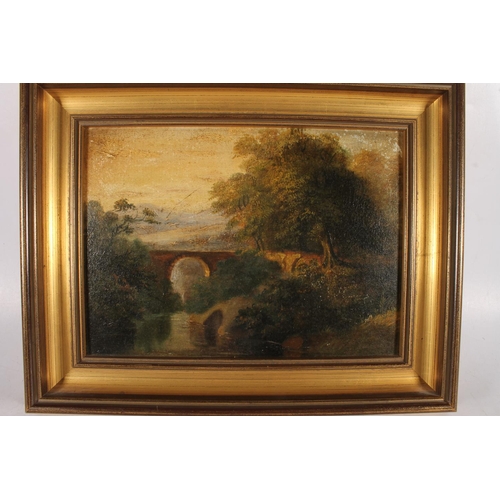 468 - EARLY 20TH CENTURY SCHOOL, bridge over a river, oil painting, unsigned, 20cm x 28cm, gilt frame 29cm... 